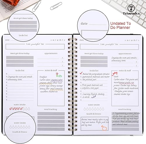 Miniatura 4 de TRIWORKS Agenda diaria 2024, bloc de notas, cuaderno de tapa dura, 150 páginas, planificador sin fecha, encuadernado en espiral, cierre elástico,