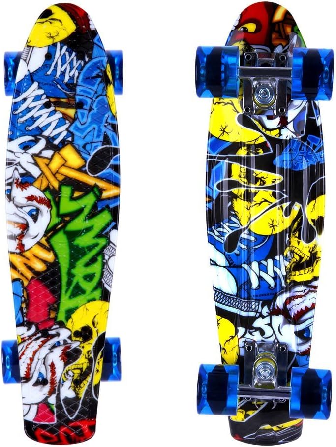 Skateboards - ENKEEO 22 Inches Skateboard Complete Cruiser Plastic Banana Board with Bendable Deck and Smooth PU Casters for Kids Boys Youths Beginners, 220 Ibs.