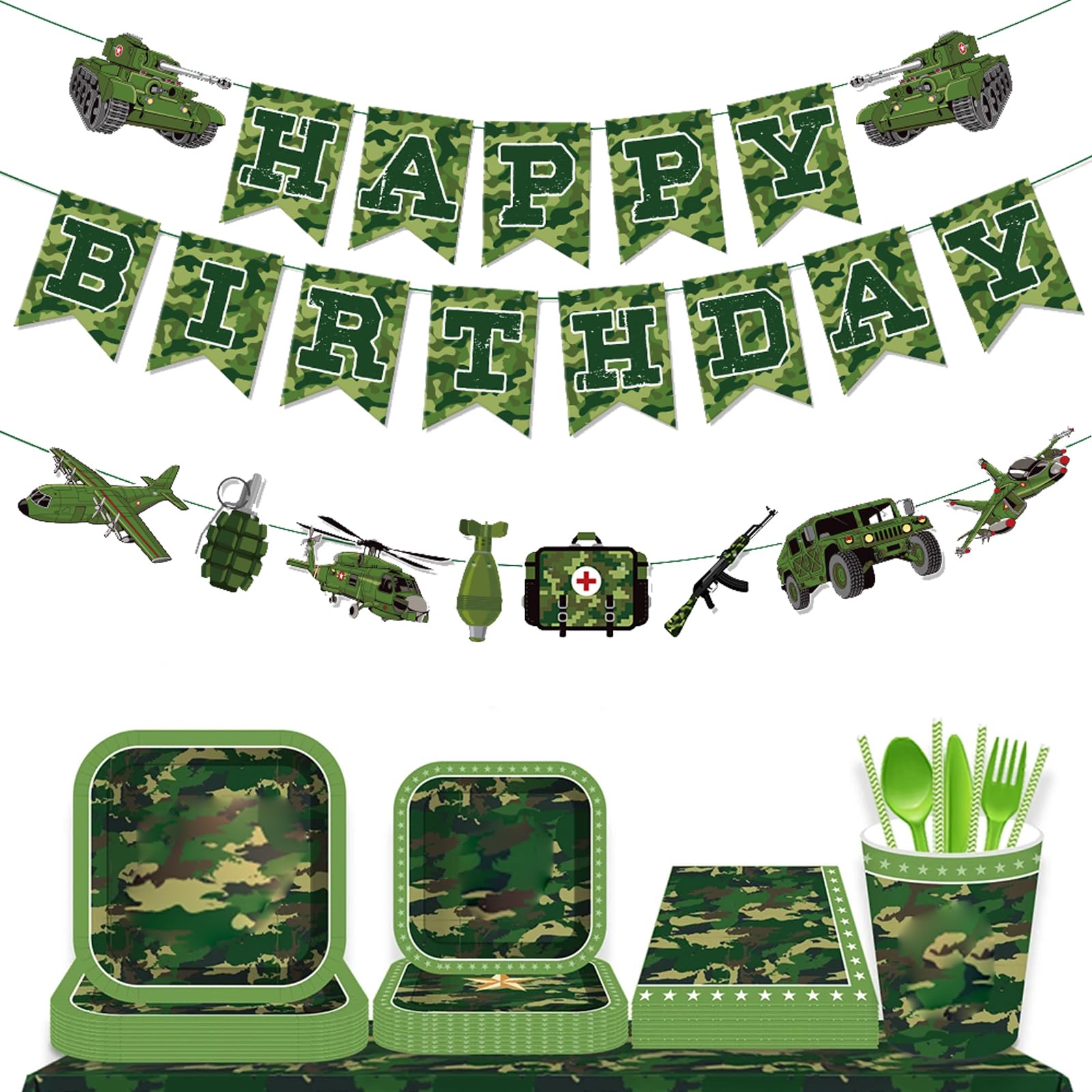 Zwiebeco Suministros de decoración de fiesta de cumpleaños, letrero de feliz cumpleaños de camuflaje verde, guirnalda de papel verde para niños, hombres, adultos, decoraciones de cumpleaños temáticas
