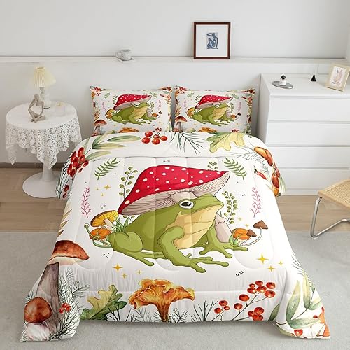 Castle Fairy Juego de edredón de hongos, tamaño matrimonial, juego de ropa de cama de 3 piezas para decoración de habitación de niños y niñas, juego