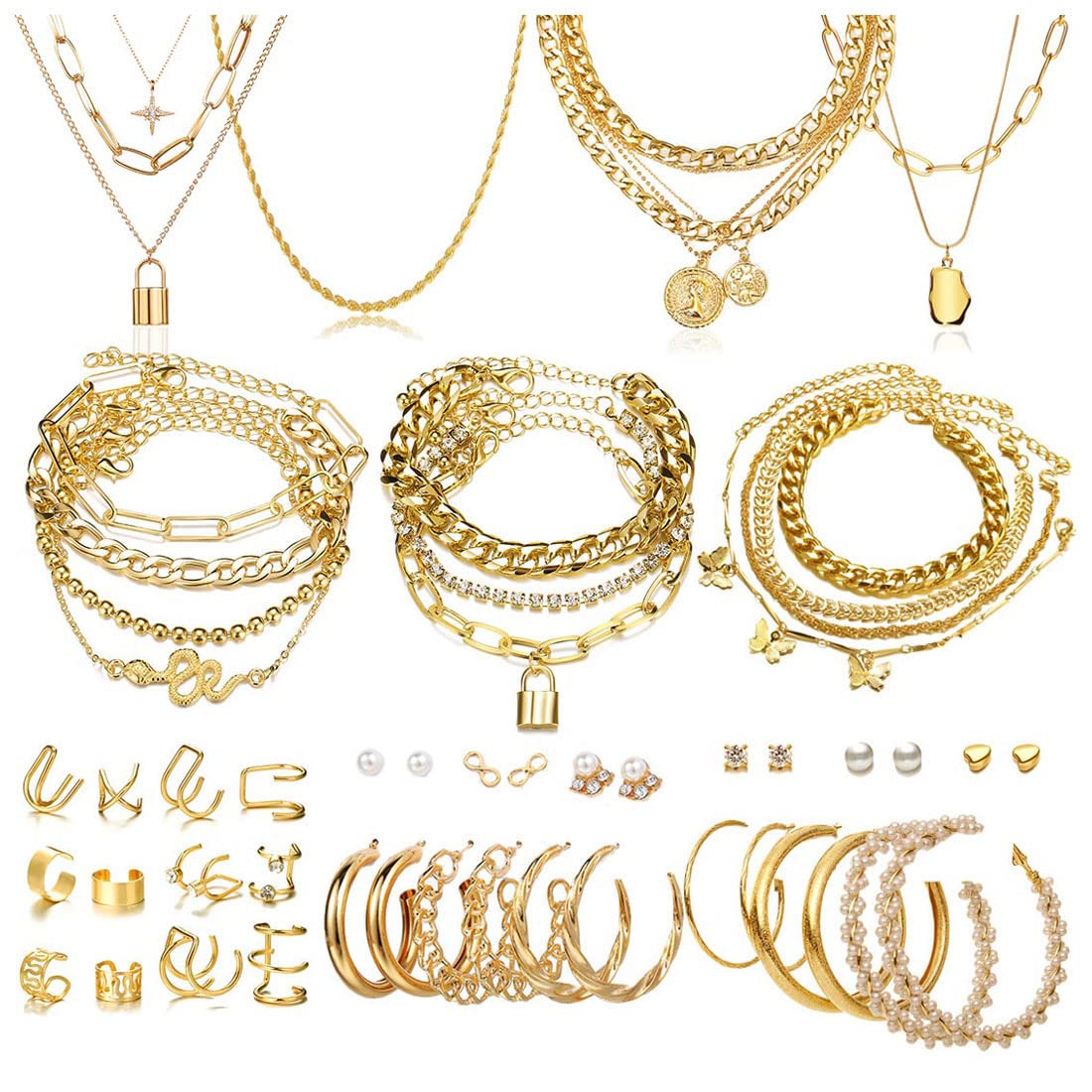 60 PCS Gold Jewelry Set with Multi-Layered Bracelet Necklace, Dangle Earrings, Stackable Ring For Women Valentine Anniversary Jewelry Pack Gifts For Her
