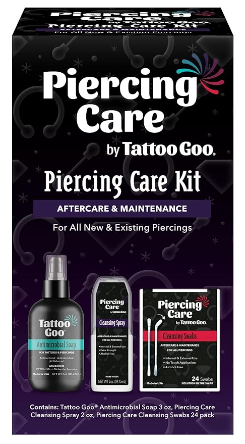 Piercing Care Kit by Tattoo Goo, Complete Aftercare and Cleaner Kit, Antimicrobial Soap, Cleansing Spray, and Cleansing Swabs, Alcohol Free