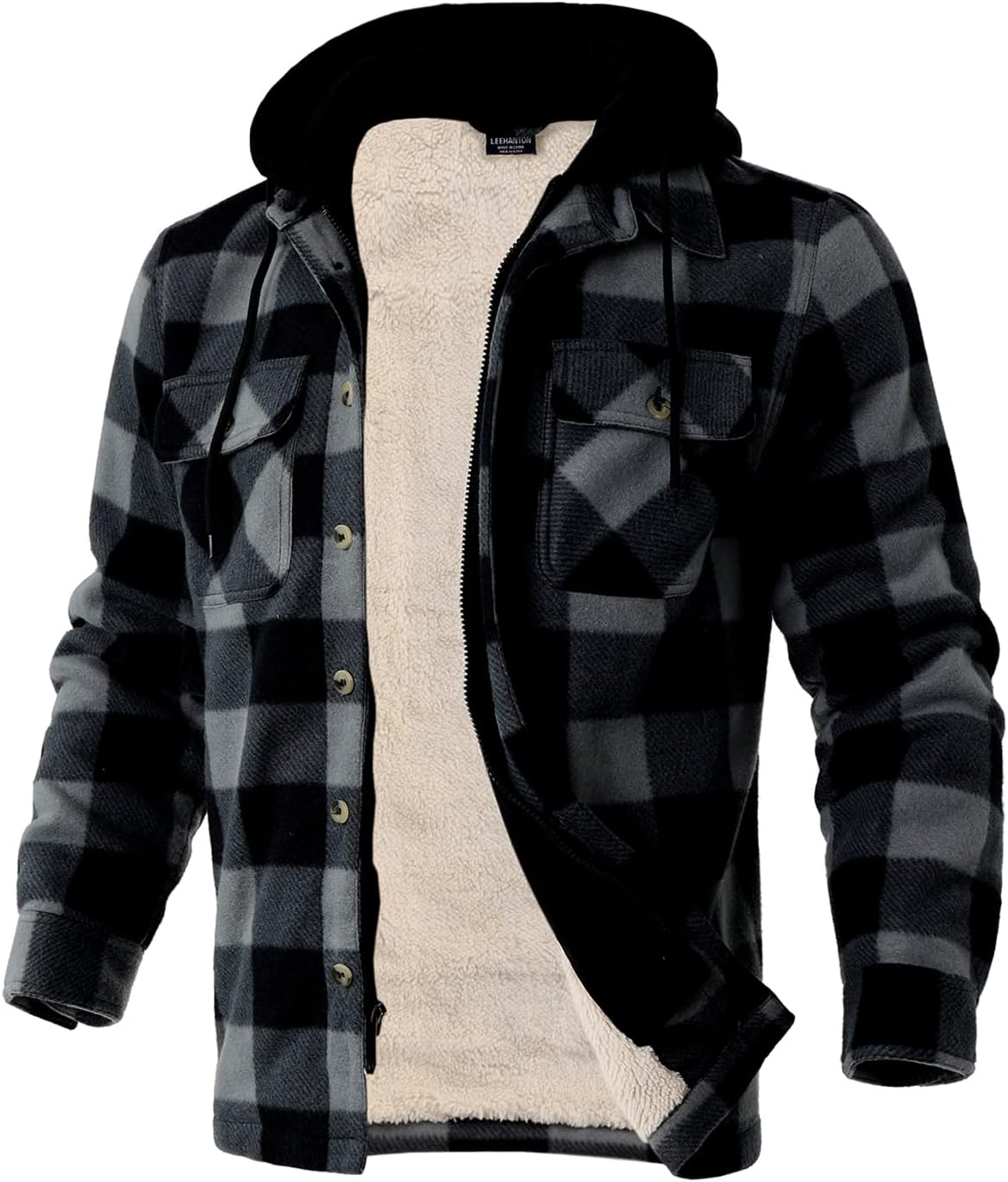 TanBridge Men's Cotton Plaid Shirts Jacket Full Zip Fleece Flannel Sherpa Lined Hoodies Heavyweight Hoodies Jacket for Men
