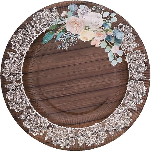 Miniatura 7 de Efavormart - Paquete de 25 platos llanos de papel con estampado de madera rústica marrón de 10 pulgadas con borde de encaje floral, platos redondos
