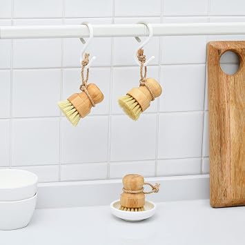 SUBEKYU 3 Pack Bamboo Dish Brushes + 2 Pack Bamboo Dish Scrubber Brush with Long Handle