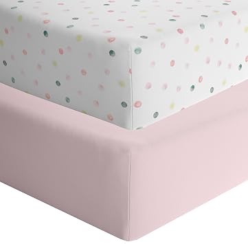 FeatherheadTM 2-Pack Fitted Crib Sheets - 100% Cotton - 52" x 28" x 9" for Standard Crib and Toddler Mattress Jersey Pink Polka