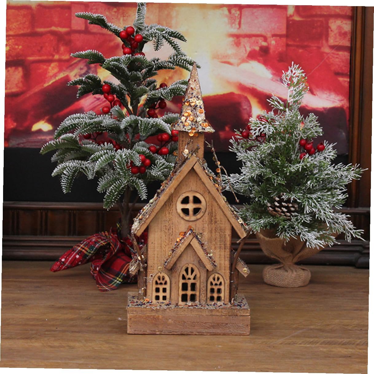 Wooden Christmas House Ornament Luminous Desktop Decor LED Lighted Xmas Home Craft Holiday Party Decoration
