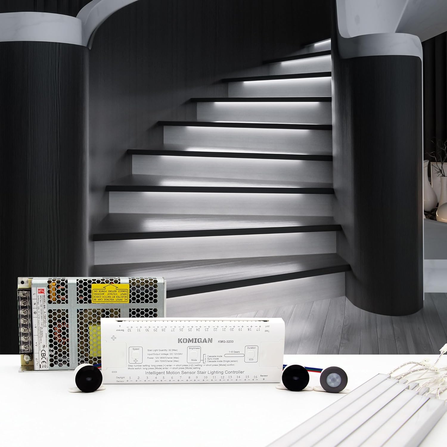 KOMIGAN KMG-3233 LED Stair Lighting Kit components and illuminated stairs