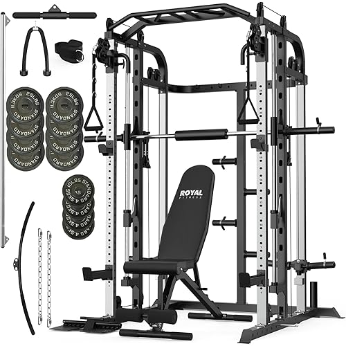 Smith Machine with 140 Lbs Cast Iron Weight Plates Home Gym, Squat Rack with LAT Pull Down System, Power Cage with Smith Bar, Black
