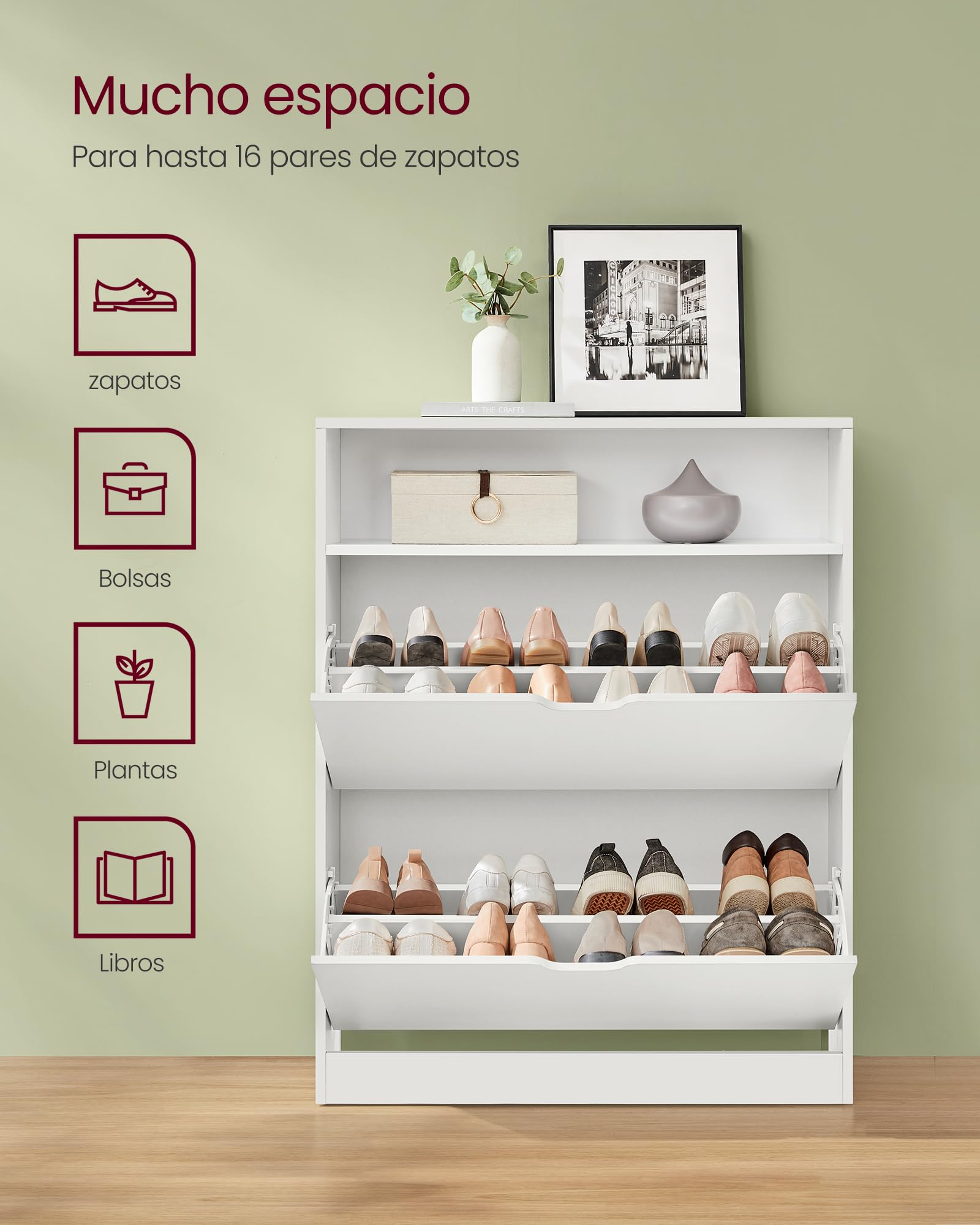 VASAGLE Zapatero 2 Compartimientos, Zapatero con Puerta Abatible, Organizador de Zapatos, Estante, División Ajustable, 11-16 Pares de Zapatos, Pasillo, 24 x 80 x 102 cm, Blanco Nube LBC048W01