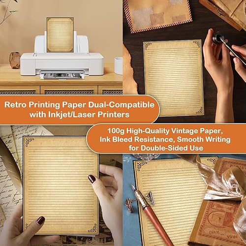 Miniatura 4 de Papel rayado vintage con diseño de borde antiguo, 50 hojas, papel estacionario para escribir cartas, 100 gsm, 11 x 8.5 pulgadas, papelería