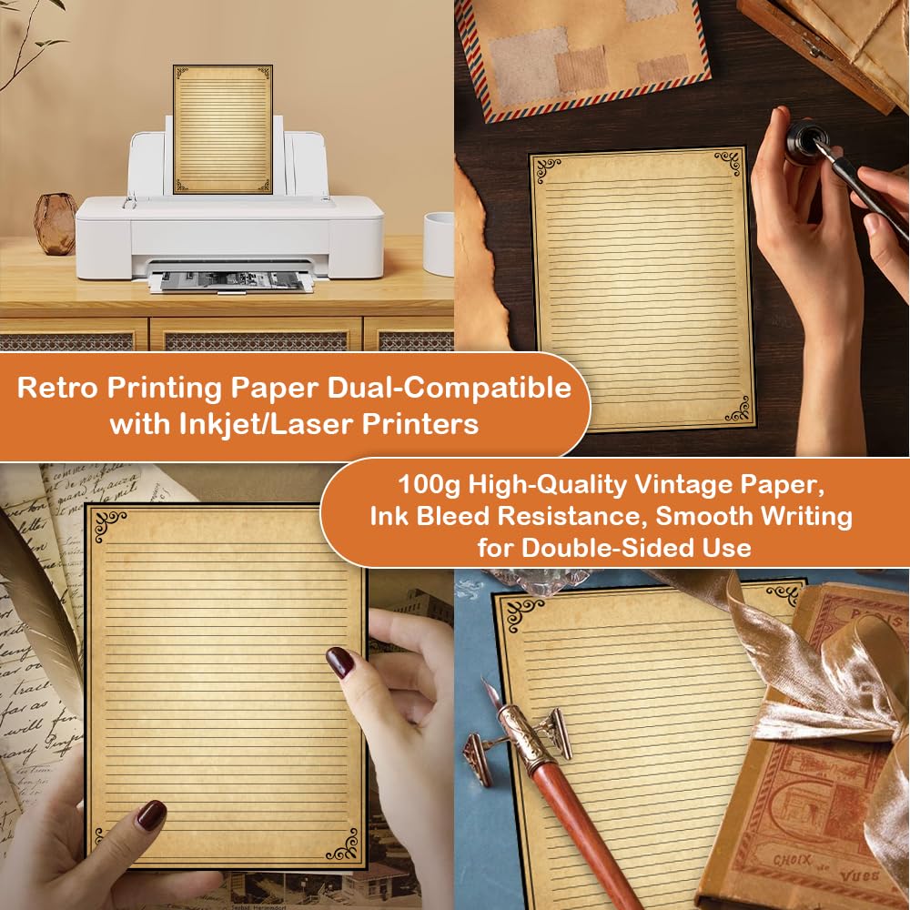 Papel rayado vintage con diseño de borde antiguo, 200 hojas, papel estacionario para escribir cartas, 100 g/m², 11 x 8.5 pulgadas, papelería envejecida para escribir cartas, invitaciones, papeles de