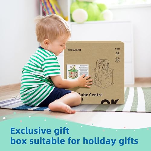 Miniatura 6 de TOOKYLAND Centro de actividades 5 en 1, cubo de juego de actividades grande de madera, juguete de rompecabezas de aprendizaje de madera para niños