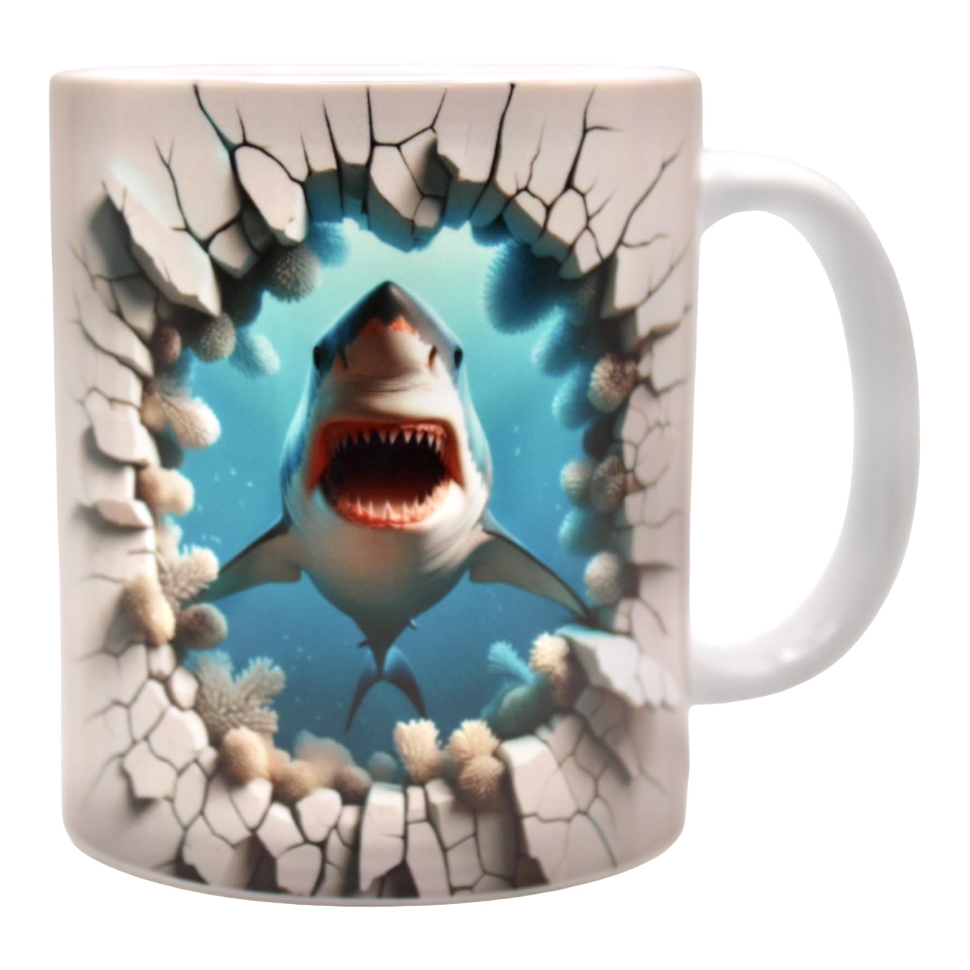 Great white shark in the ocean design ceramic mug, perfect for sea lovers let every sip be an inspiration full of colors