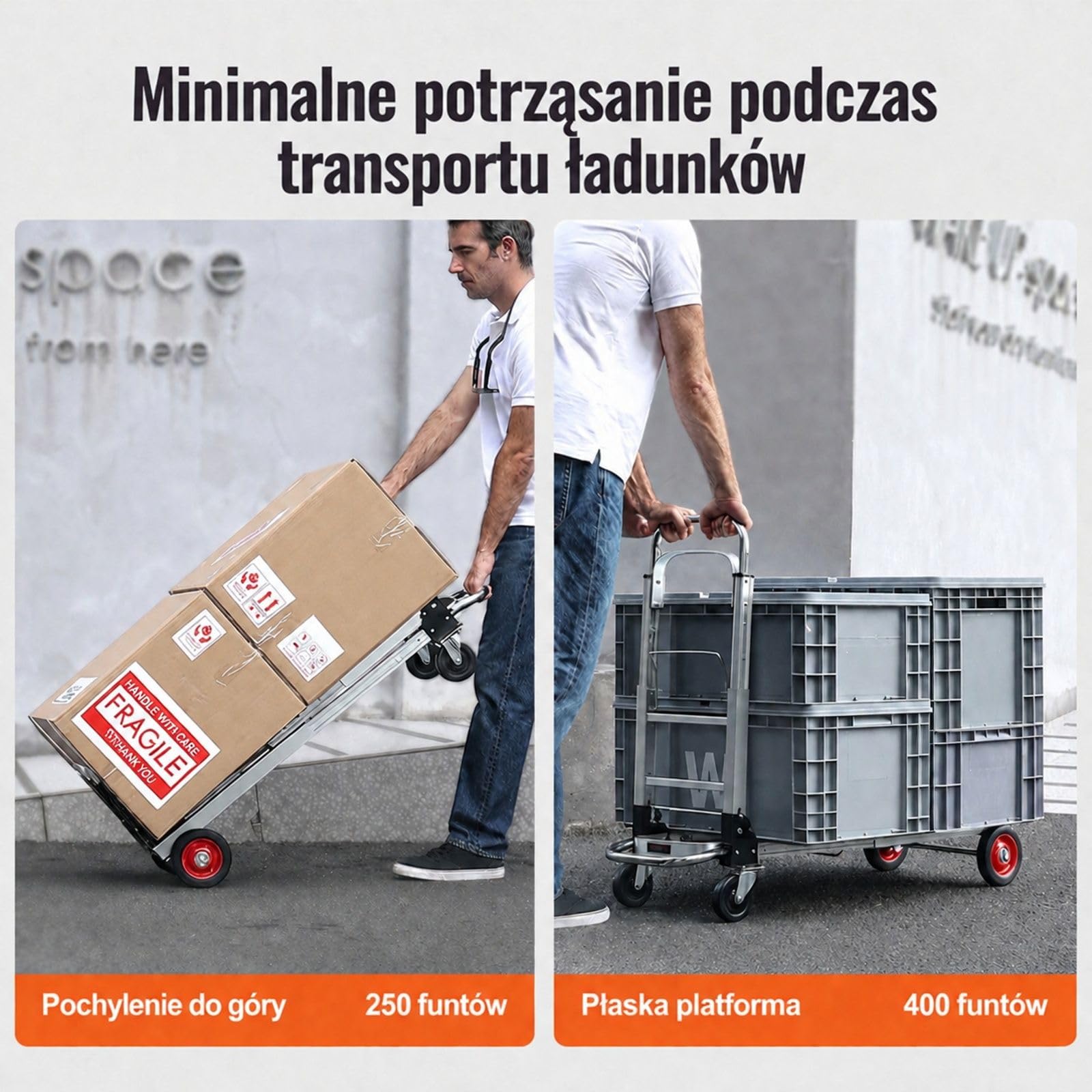 Składany wózek transportowy 2 w 1 z aluminium i stali węglowej, wózek ręczny i platformowy, udźwig 113/181 kg, gumowe koła, do użytku wewnątrz i na zewnątrz