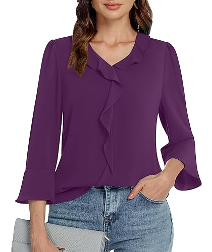 Funlingo Womens 3/4 Length Sleeve Tops V Neck Dressy Casual
