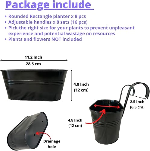 Miniatura 3 de LaLaGreen Maceta de Riel para Plantas de Exterior (11.2 Pulgadas, Paquete de 8) Macetas Colgantes de Hierro Metal Negro Barandillas de Terraza Cubos