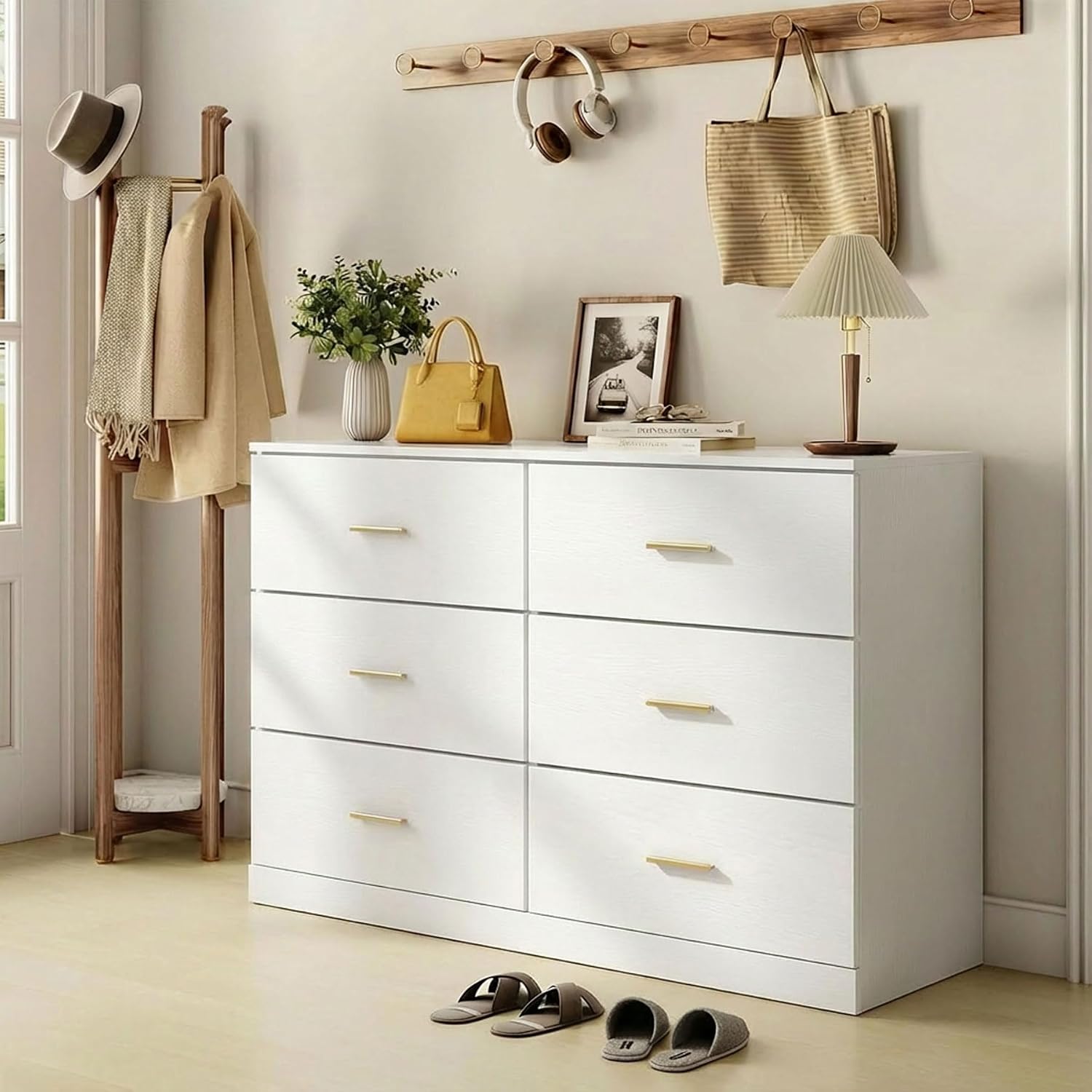 Modern White 6 Drawer Dresser with Gold Handles, 47" Chest of Drawers for Bedroom, Kids Room & Nursery, Wooden Storage Dresser for Girls Bedroom
