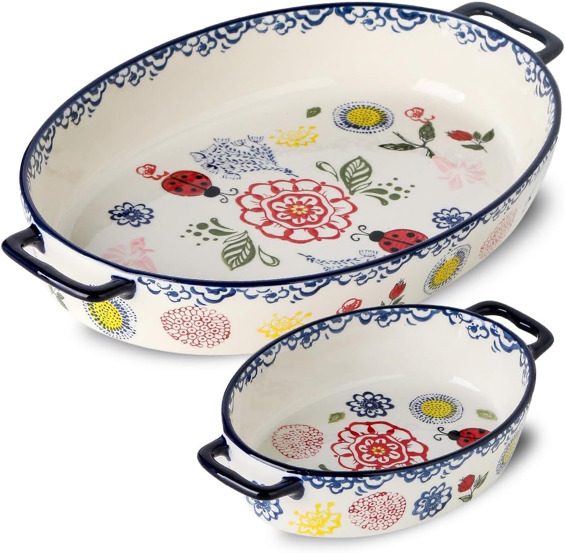 BFU Ceramic Baking Dish Oval Bakeware Set Baking Pan, 2-Piece Stoneware Hand-Painted Lasagna Pan for Cooking, Cake dinner 14" and 8"