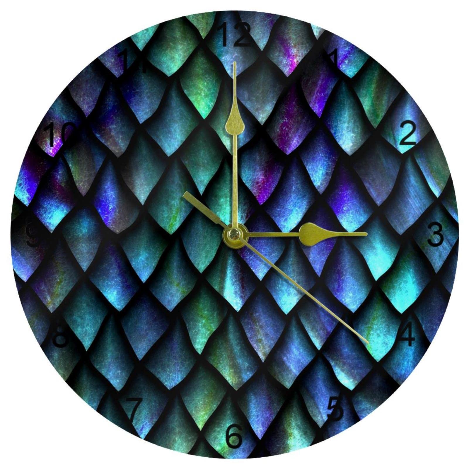 Horloge murale silencieuse à quartz raffinée rond motif écailles de sirène