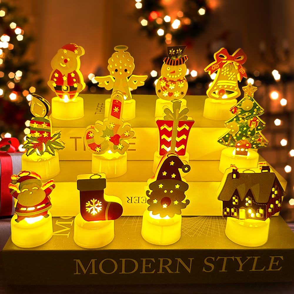 HOVCEH Velas LED Decorativas Navideñas, 12 Piezas Temáticas Navideñas Velas LED Sin Llama, Llama LED de La Vela de La Batería Eléctrica para Decoración de Navidad, Decoración de Mesa