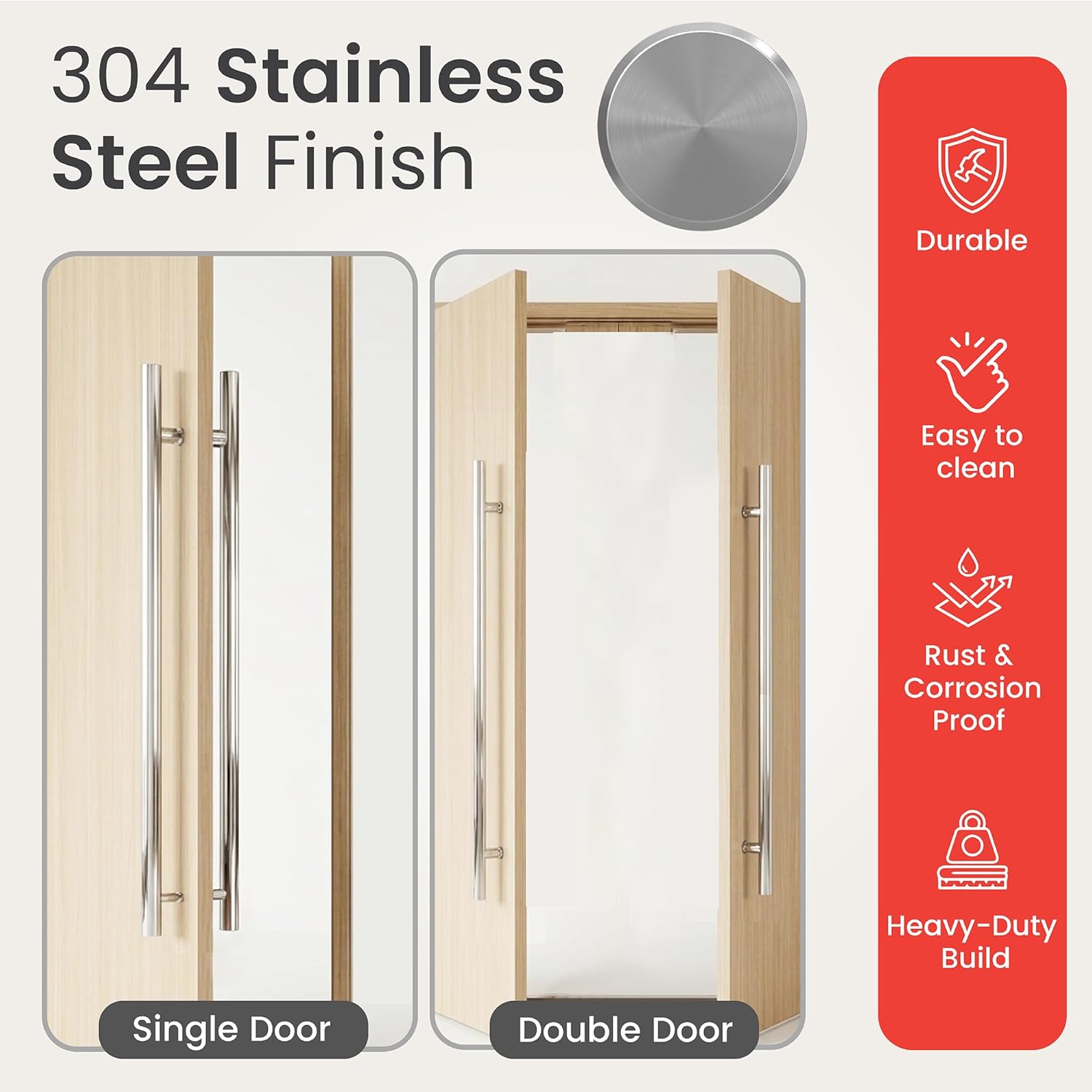 Modern Contemporary Long Stainless Steel Push Pull Door Handle for Home Entrance Glass Shower Wooden Barn & Office Store Shop Doors - Elite Model - Round (Brushed Silver, 48 Inch)