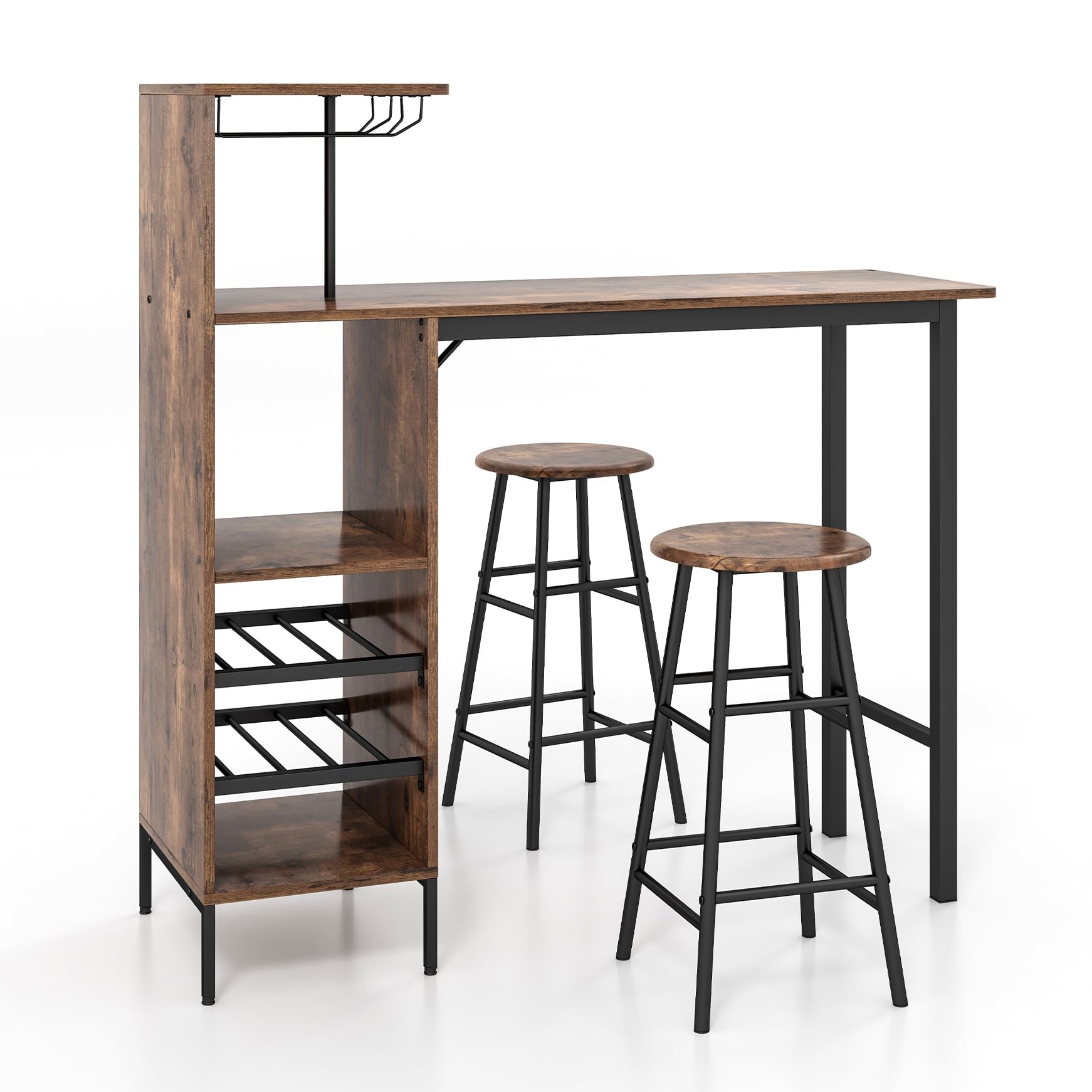 HOMASIS Ensemble Table De Bar Avec 2 Tabourets - Table Bistro Industrielle 120x40cm Avec Rangement Vin Et Porte-Verres
