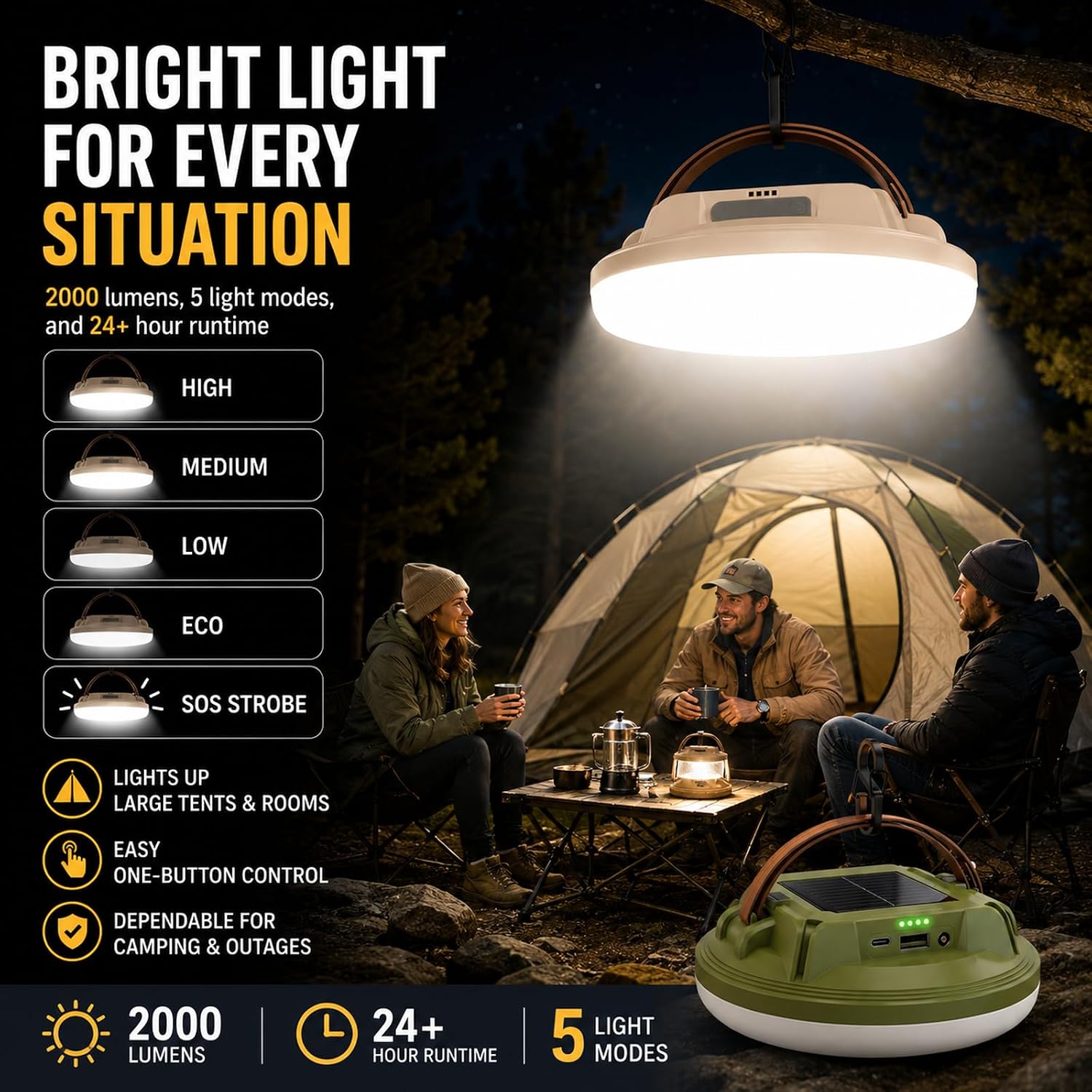 Solar Camping Lantern, 2000 Lumens 7200mAh Rechargeable LED Camping Light with 5 Modes, Water-Resistant Hanging Tent Light for Emergency Power Outage, Camping, Hiking & Indoor Use