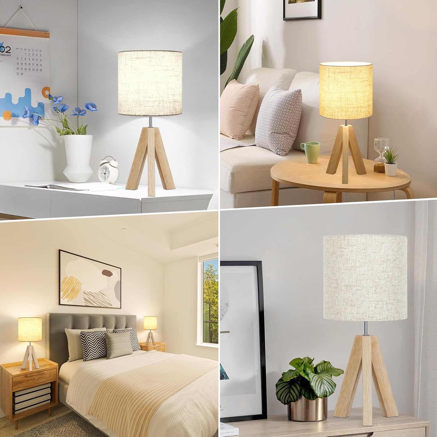 Small Table Lamp, Wooden Tripod Nightstand Lamp with Linen Fabric Shade, Cute Boho Modern Bedside Nightstand Lamp for Bedroom, Living Room, Nursery, Kids Room, Office, Dorm, Bulb Not Included