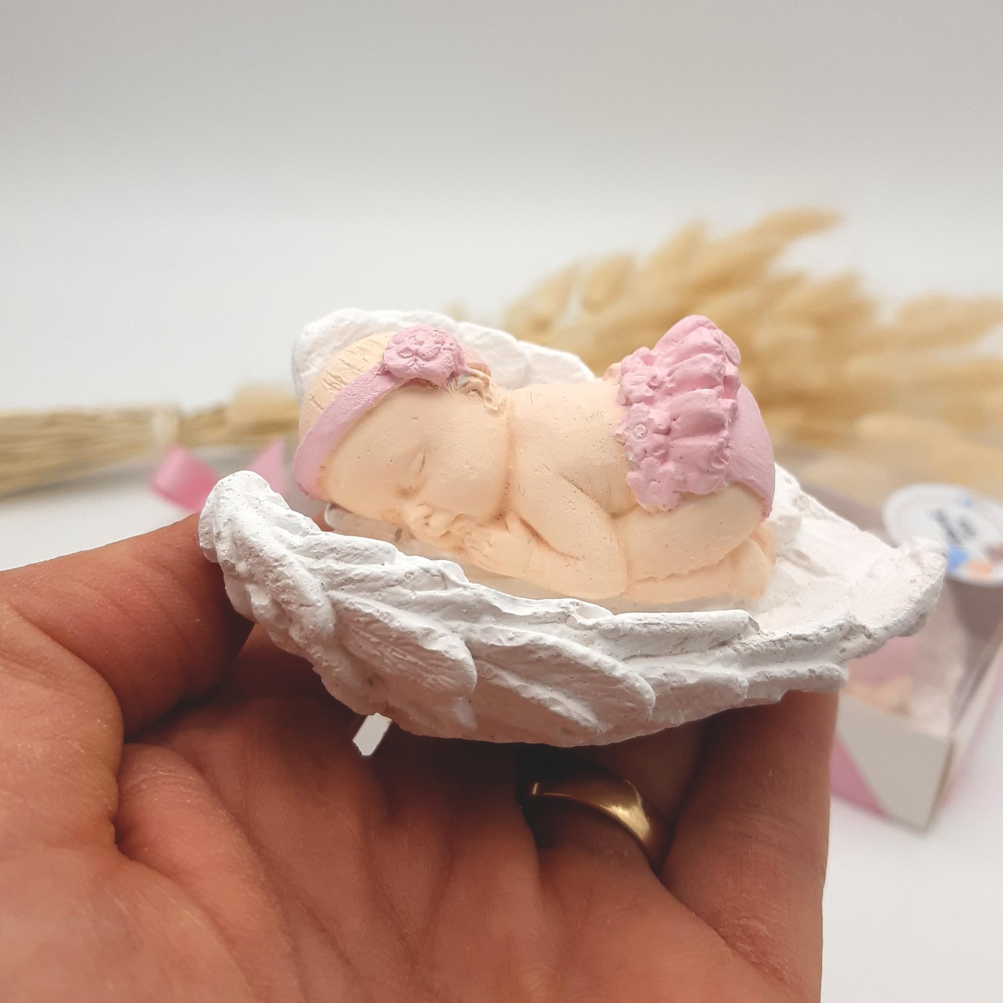 detalles bautizo para invitados, recuerdos bautizo 40 piezas niña niño bebe de piedra imanes detalles comunion para invitados, regalos originales bautizos para recien nacido (Bebé rosa ala blanca)