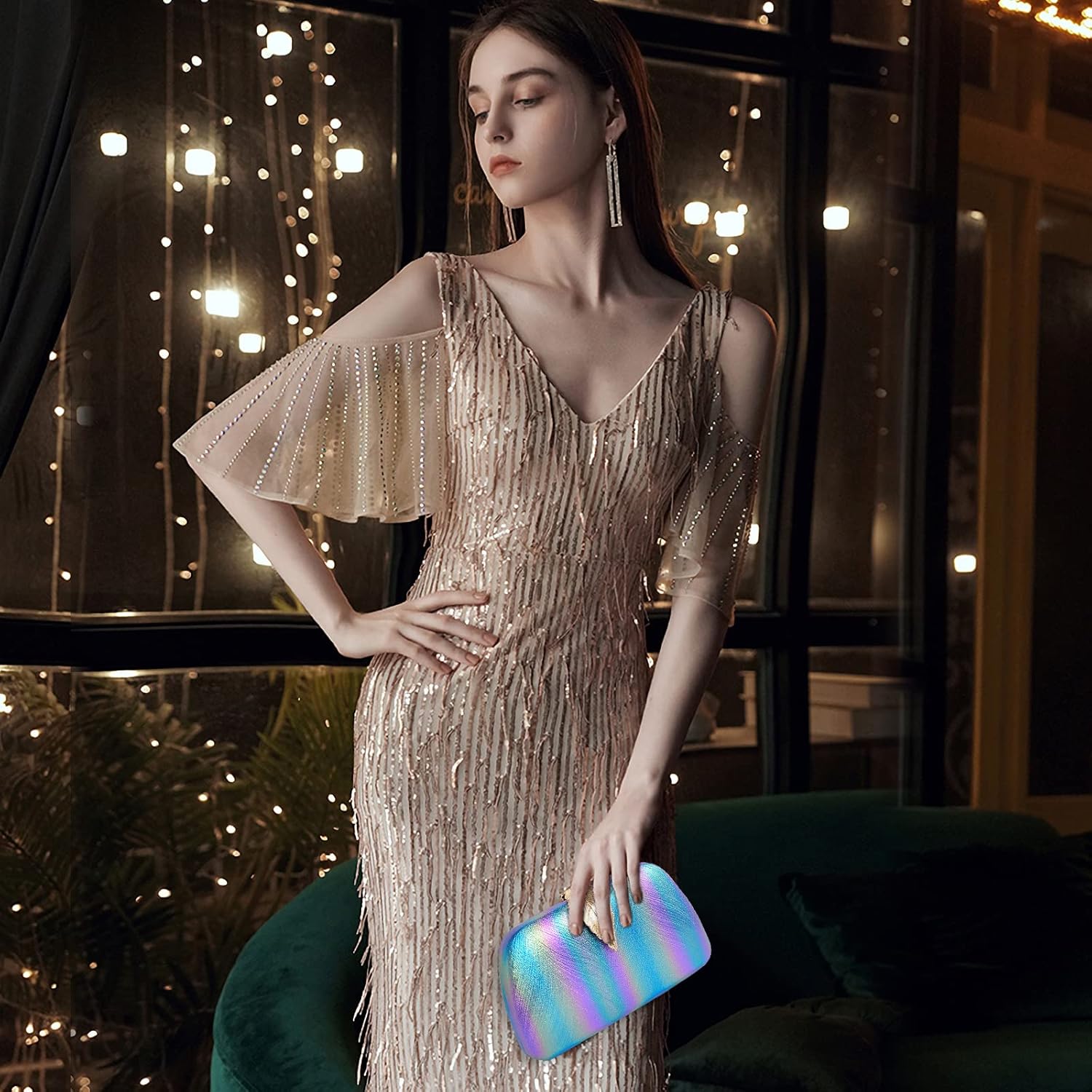 CORIOS Evening Bag for Women Small Clutch Purses with Leaf-style Flip Lock Sparkly Glitter Handbag