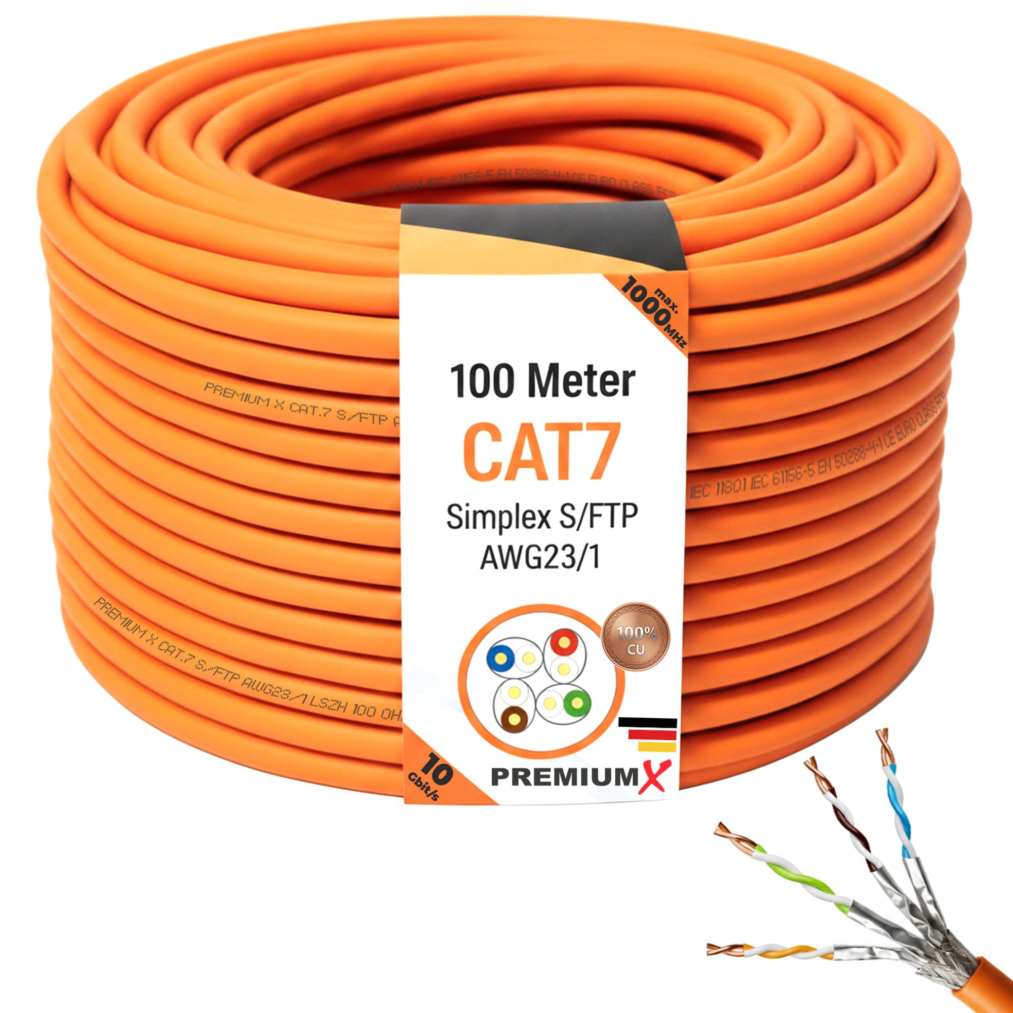 Premium X Netzwerkkabel Cat7 S/FTP PiMF 100 m – Orange Außenmantel, LSZH, PoE-kompatibel