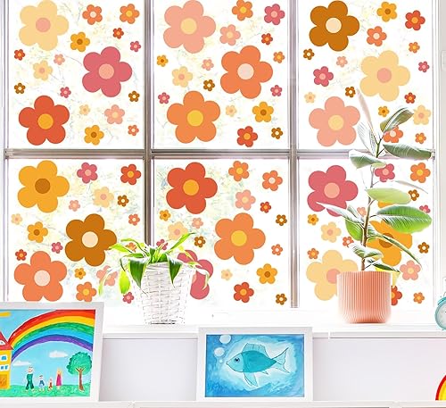 Miniatura 4 de Whaline 9 hojas de calcomanías bohemias para ventana, diseño de flores hippie retro groovy, retro, para ventana, de doble cara, coloridas flores,