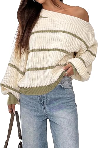 Verdusa Women's Oversized Off The Shoulder Sweater Chunky Knit Striped Long Slee