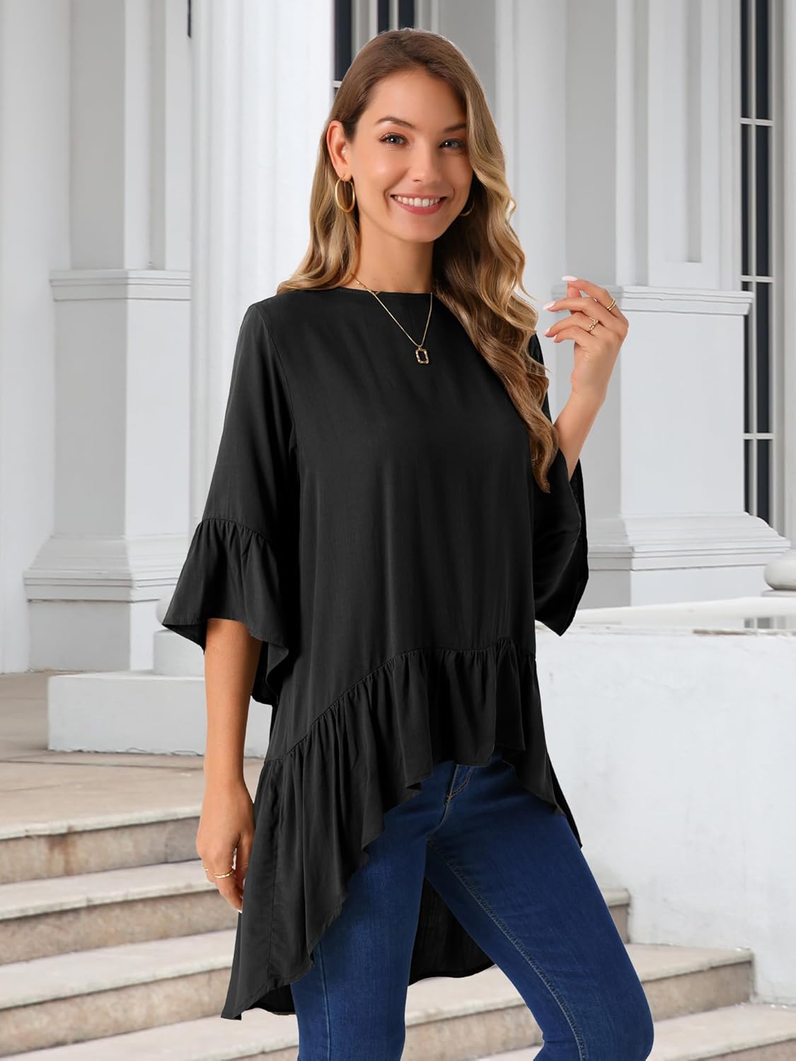 Seta T Women's High Low Tops Bell 3/4 Sleeve Crewneck Casual Ruffle Asymmetrical Hem Loose Fit Blouse - Image 3