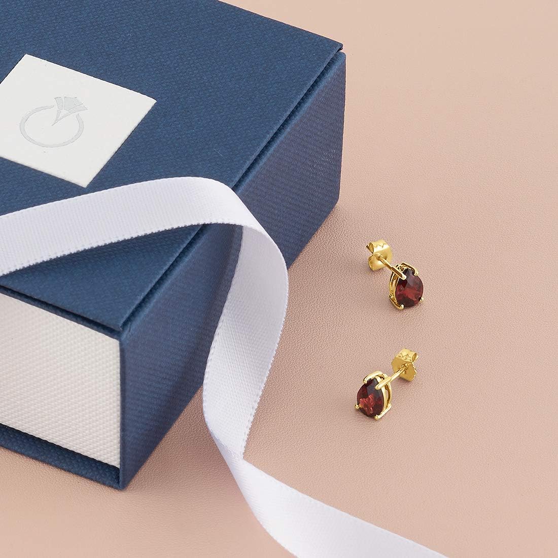 Peora 14K Yellow Gold Garnet Earrings for Women, Genuine Gemstone Solitaire Studs, 7x5mm Pear Shape, 1.75 Carats total, Friction Back, Red Garnet Earrings, January Birthstone Earrings