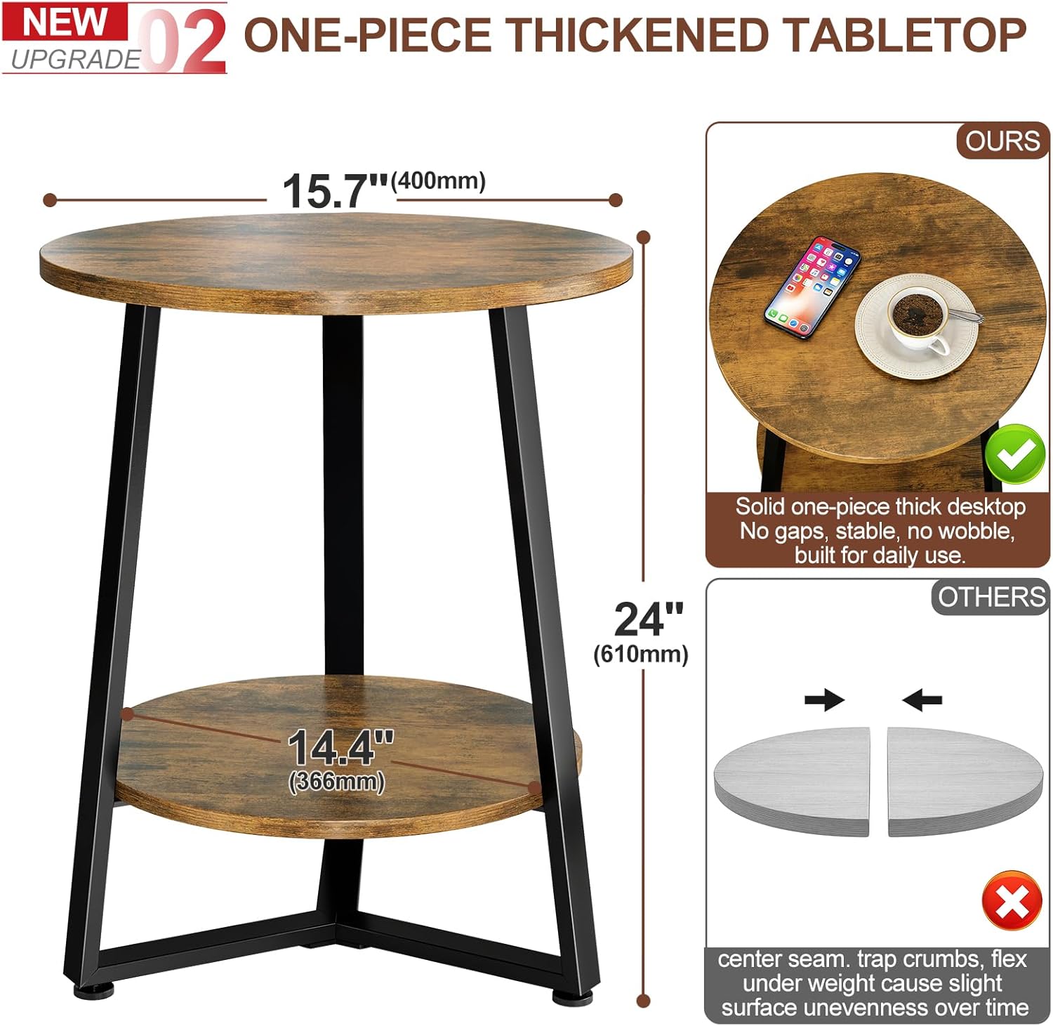 Round Side Table, 2-Tier Small End Table with Storage Shelf, Ultra Stable Coffee End Table/Nightstand, Modern Farmhouse Couch Table for Living Room, Bedroom, Bedside Stand or Small Spaces, Brown