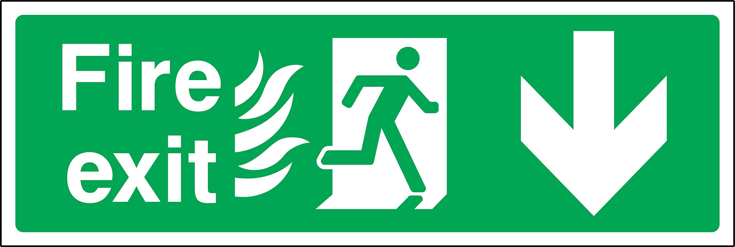 Fire exit down with fire pictograms Safety sign - Self adhesive sticker 450mm x 150mm