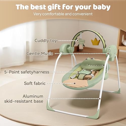 Miniatura 5 de Columpios de bebé para bebés, columpio portátil con velocidad adaptable, música y temporizador, columpio infantil para bebés de 0 a 9 meses, 6 a 20