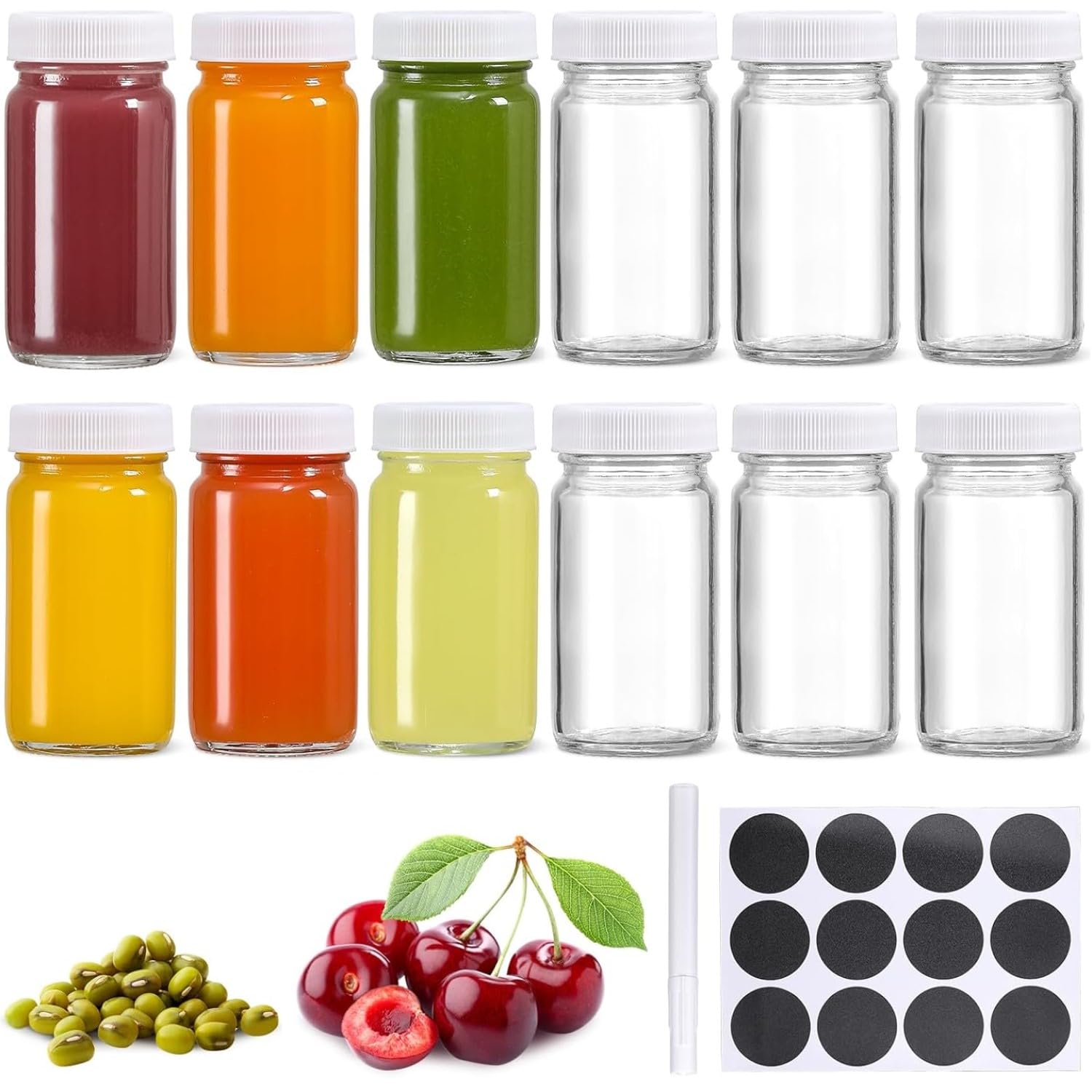 Kaheign White 12Pcs Glass Shot Bottles With Lids, 60Ml Small Clear Juice Shot Bottle Reusable Wide Mouth Leakproof Jar For Ginger, Wellness Shot, Juice, Sample, Whiskey - Dishwasher Safe (White)