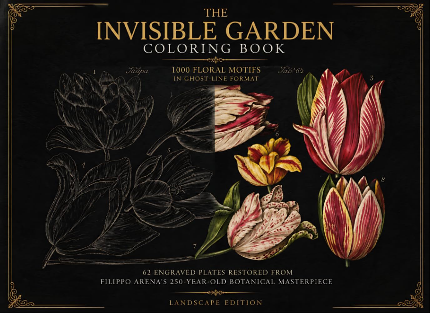 The Invisible Garden Coloring Book: 1000 Floral Motifs in Ghost-Line Format – 62 Engraved Plates Restored from Filippo Arena’s 250-Year-Old Botanical Masterpiece – Landscape Edition, Black Back Design