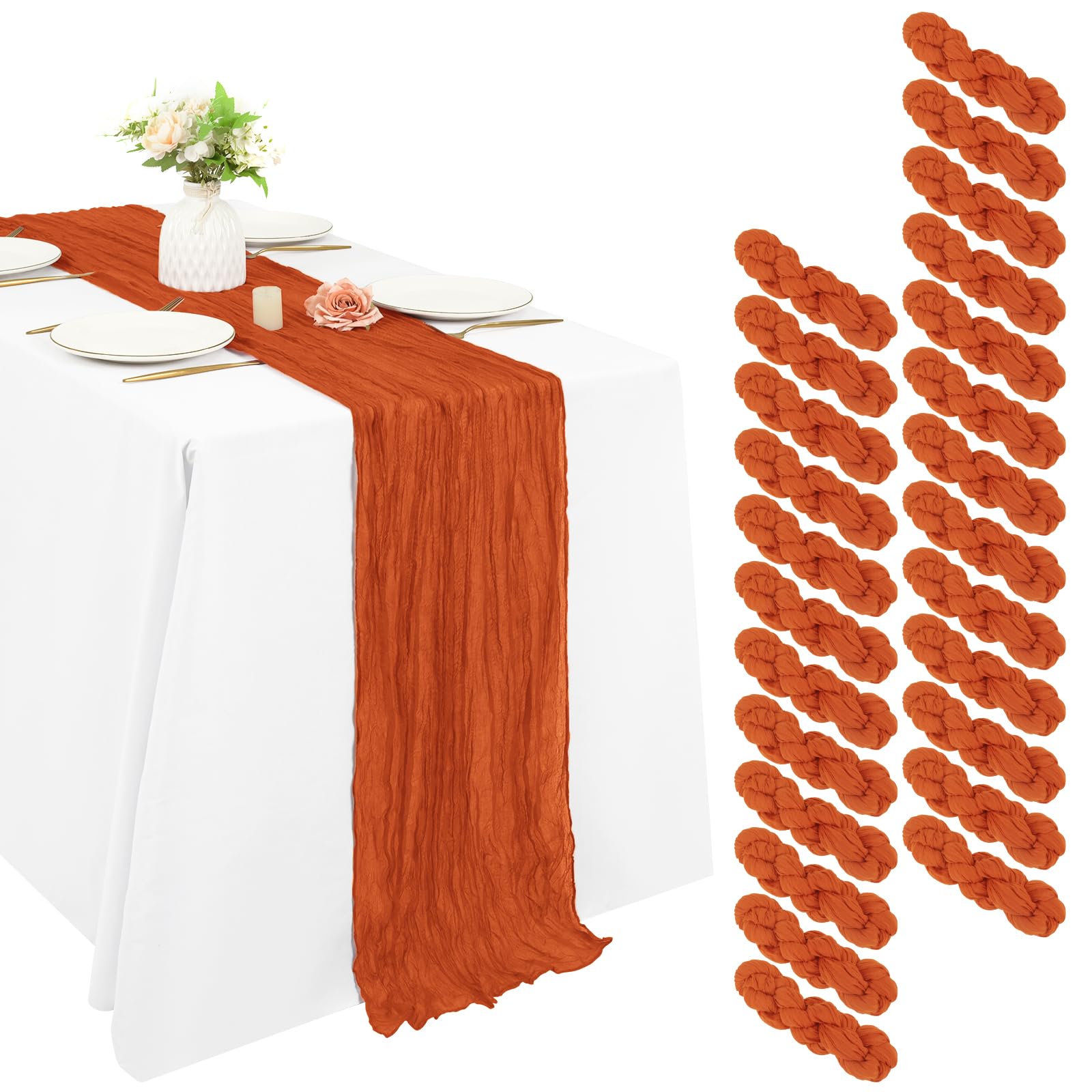 25 Pack Cheesecloth Table Runner 20 x 120 inch Long Boho Gauze Table Runners 10FT Semi Sheer Table Runner for Wedding Decor, Baby Shower, Birthday Party, Banquet (Burnt Orange)