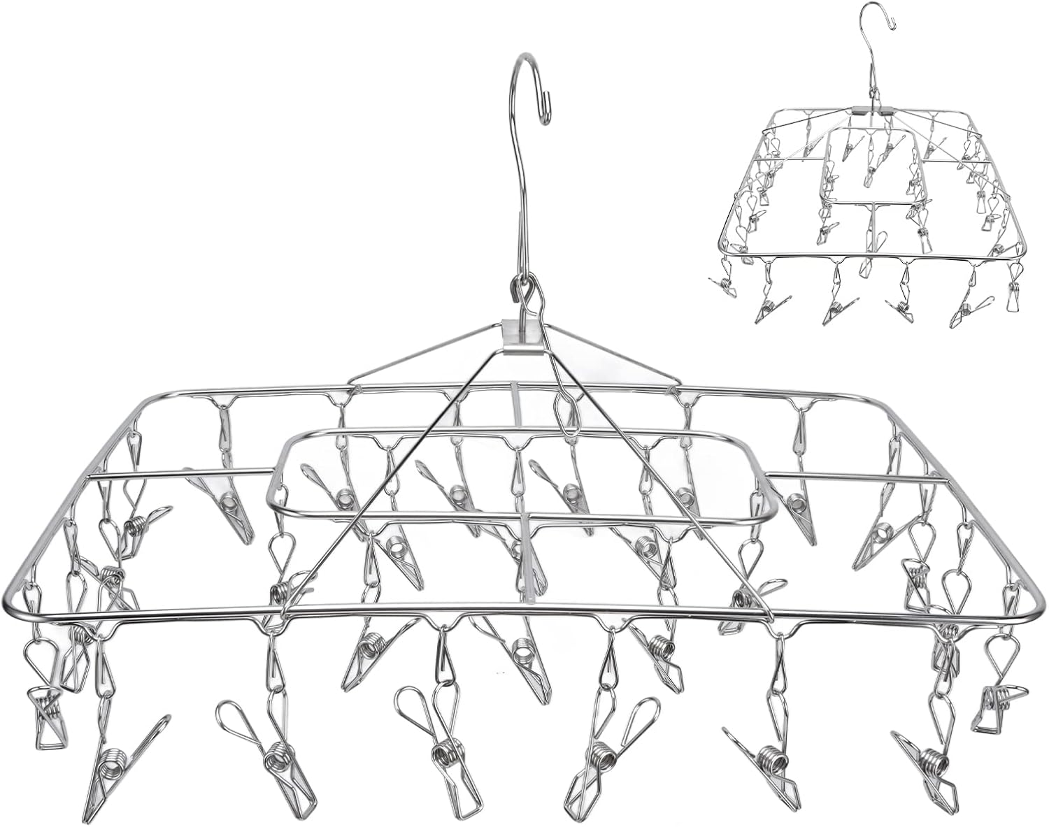 Clothes Drying Rack with 28 Clips, Stainless Steel Laundry Drying Hanger, Foldable Sock and Underwear Drying Rack with Perfect Clip Spacing for Delicate Fabrics Indoors