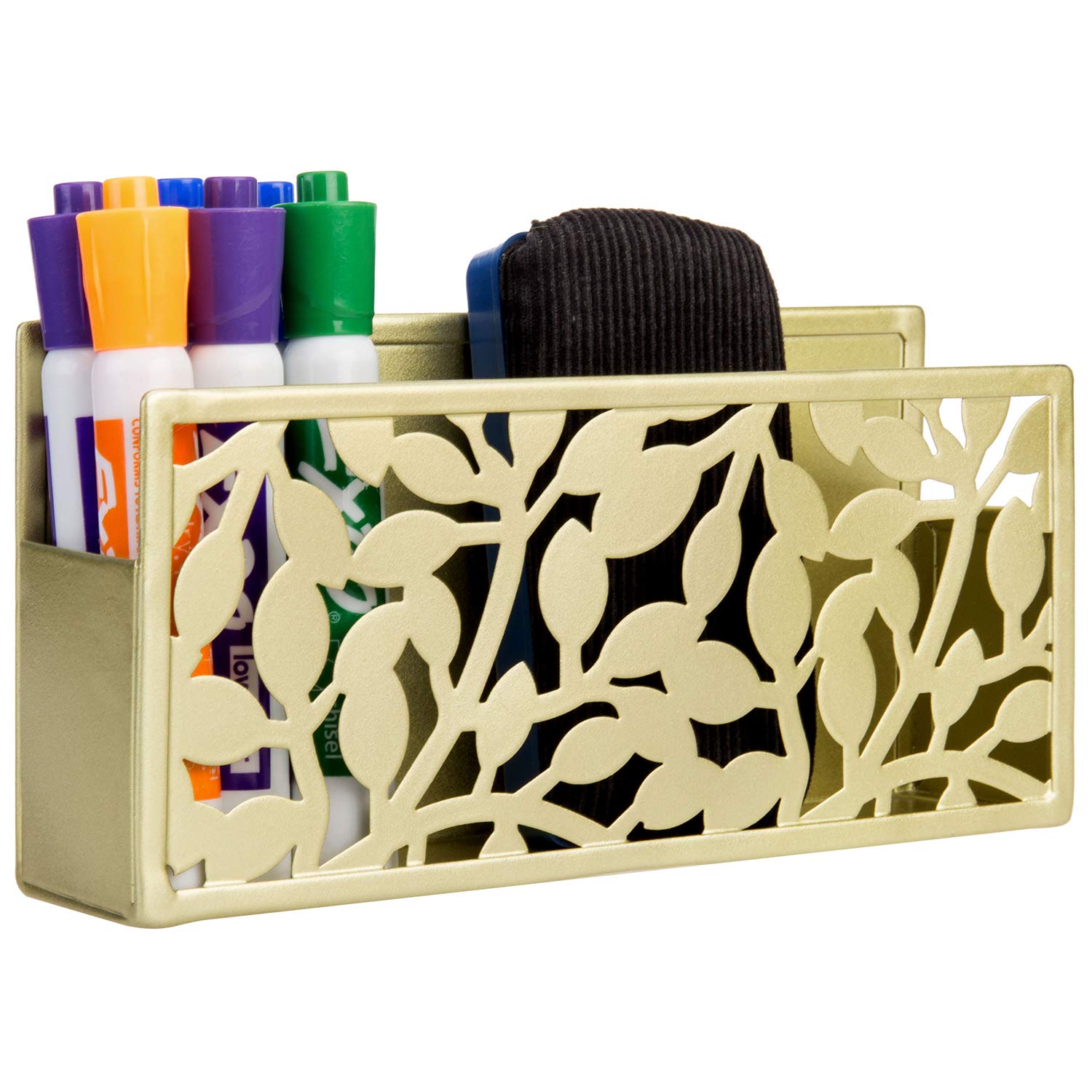MyGift Brass Metal Magnetic Marker Holder for Whiteboard, Dry Erase Markers and Accessories Storage Basket Organizer with Floral Cutout Design