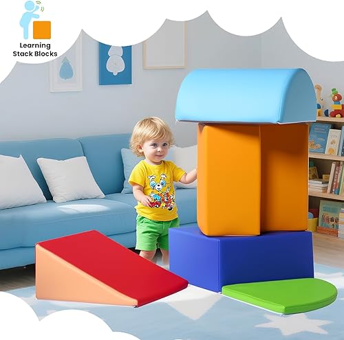 Miniatura 5 de Bloques de escalada de espuma suave de 5 piezas, juguetes de escalada de cuero sintético para niños pequeños en interiores, estructuras de escalada