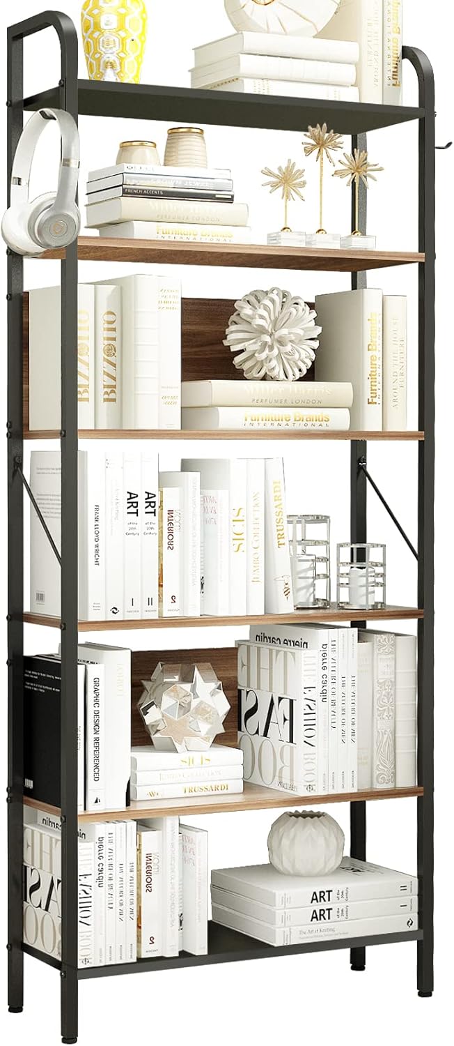 Modern Industrial Bookshelf 6 Tier Open Standing Bookcase, Rustic Display Unit Wood and Metal Industrial Bookcase for Living Room Home Office Bedroom, Black and Walnut : Home & Kitchen