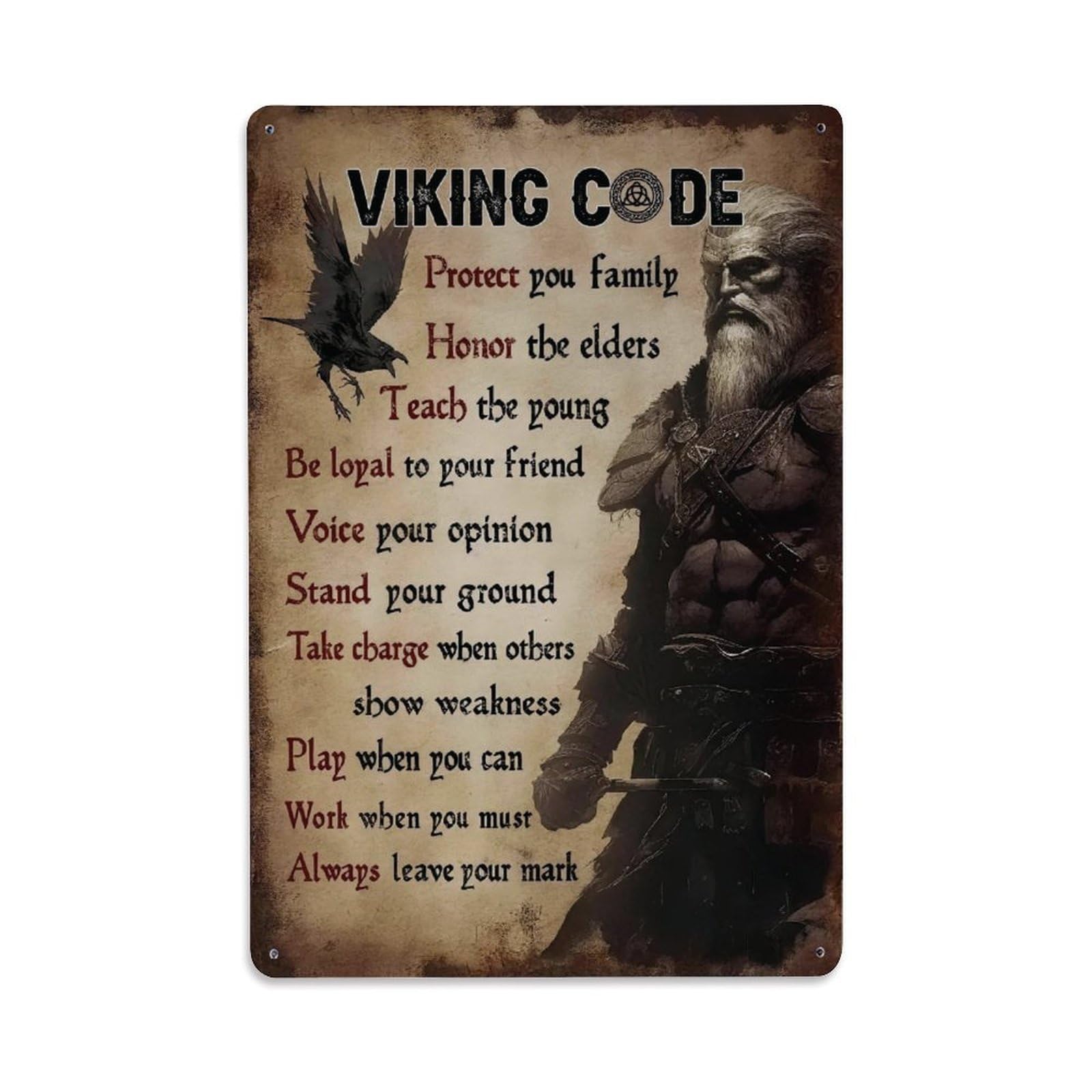 Viking Code Vintage Parchment Style Poster Vintage Aluminium Metal Sign, Retro Wall Decor for Home, Bar, Garage & Farmhouse 30x20cm