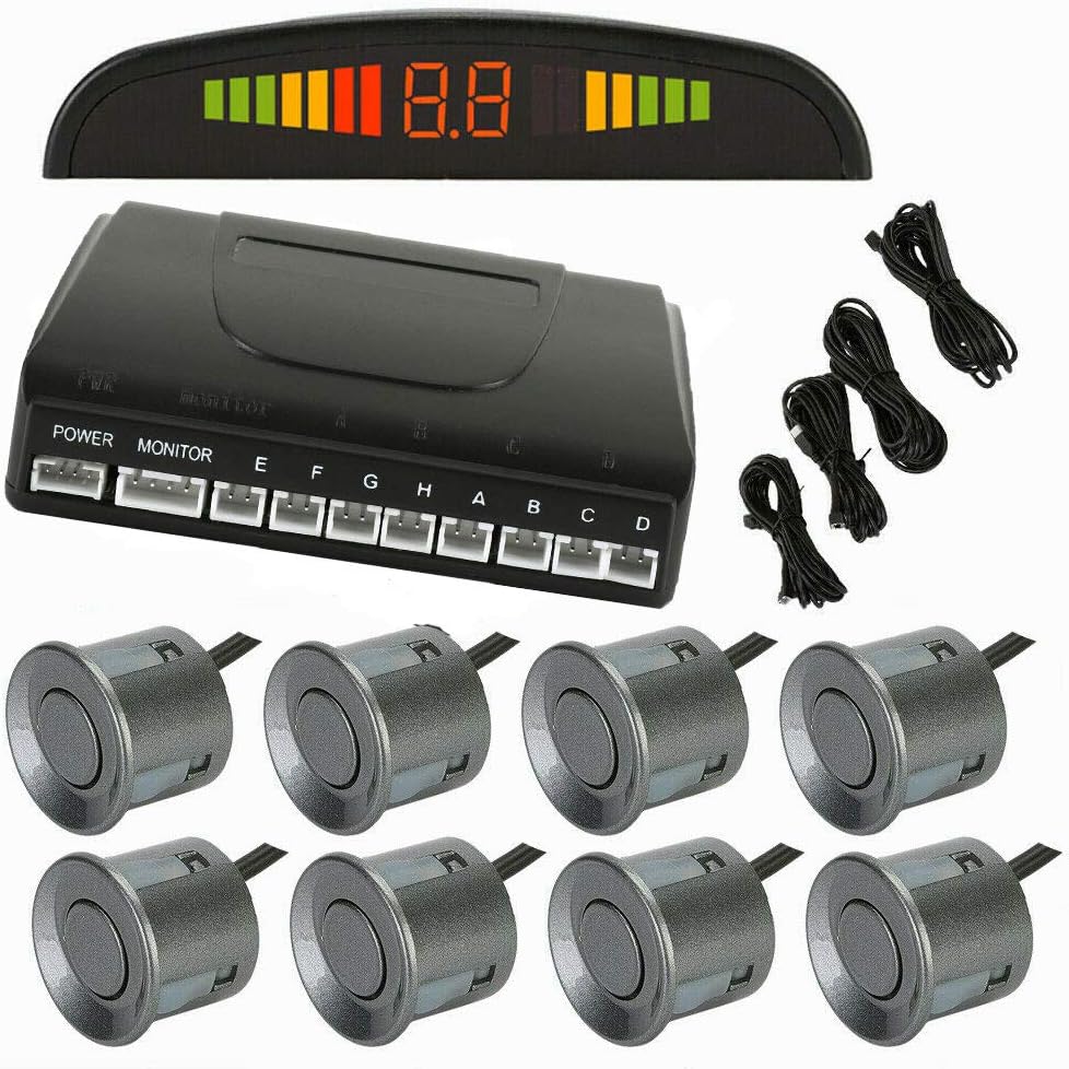 Car Parking Sensor 8 Reversing Sensors Kit Grey Reverse Backup Radar System Assistance with Front and Rear Buzzer Alert Alarm Reminder + Distance Detection + LED Display