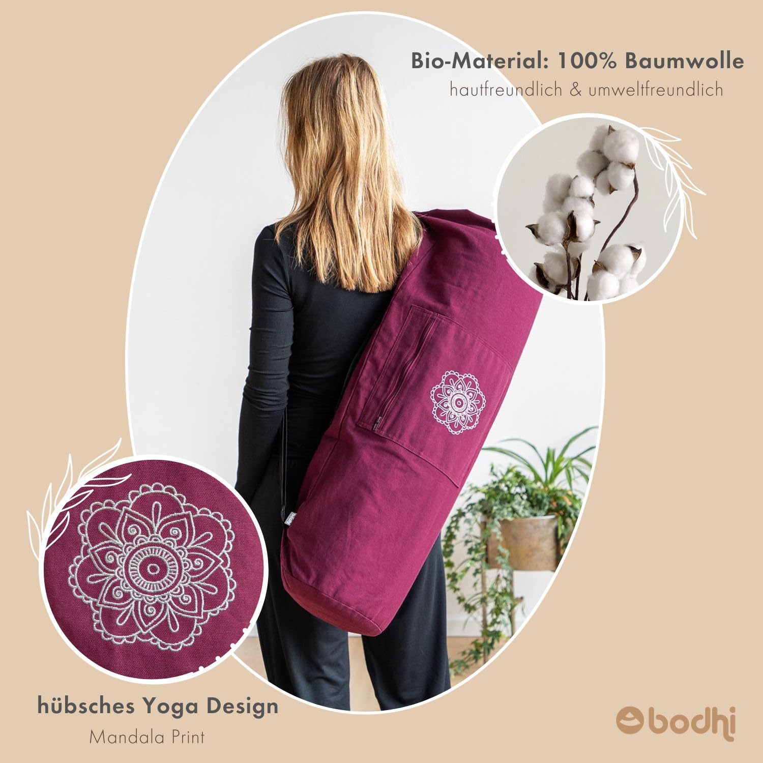 Bodhi SURYA BAG COTTON | Yogatasche groß für Schurwollmatten & Yogamatten | Tasche aus 100% Baumwolle im XL-Format | Sporttasche mit Mandala Design | aubergine