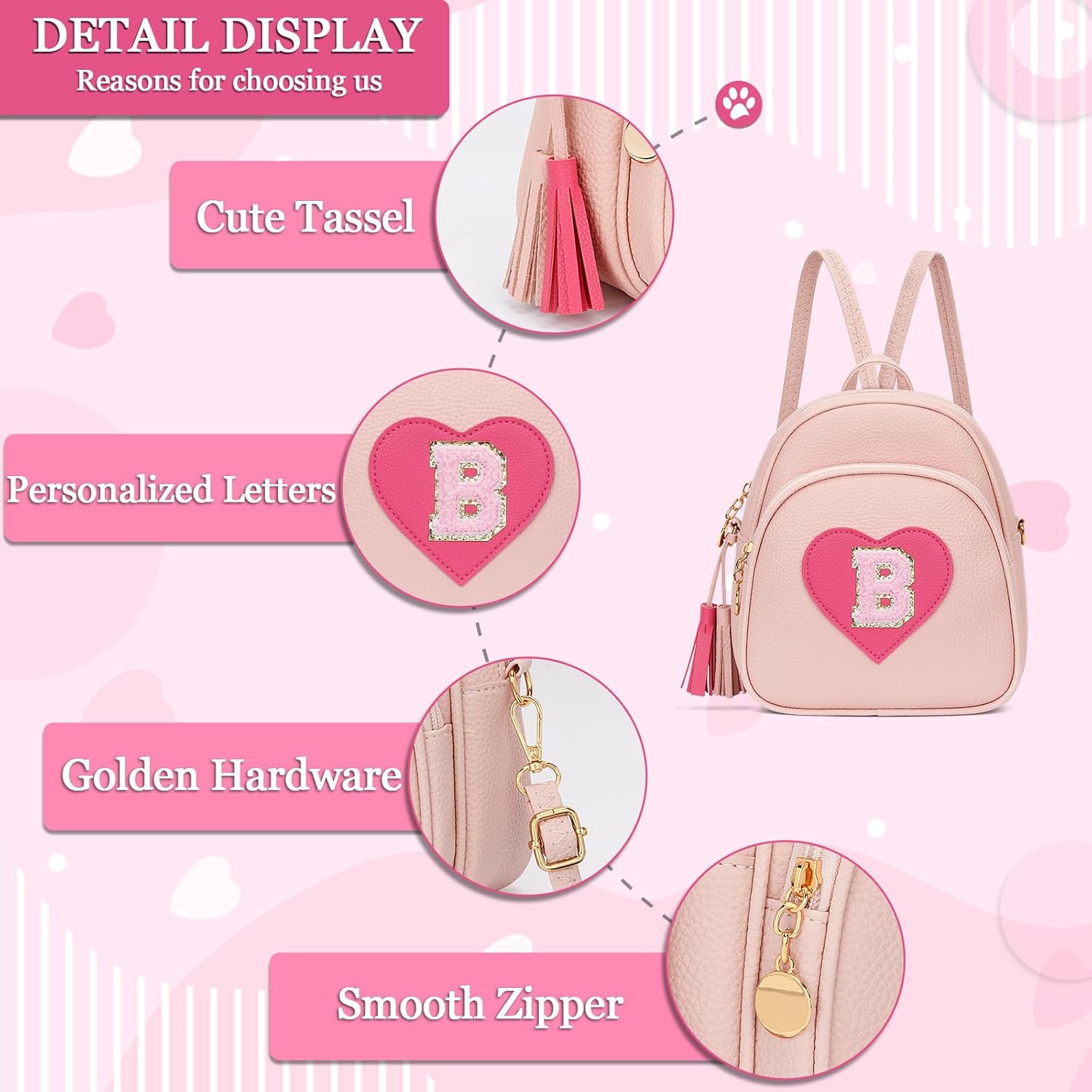 Easter Gifts for Kids Gifts for Girls Little Girl Initial Mini Heart Backpack Purse Crossbody Bag with Tassel，Pink-B
